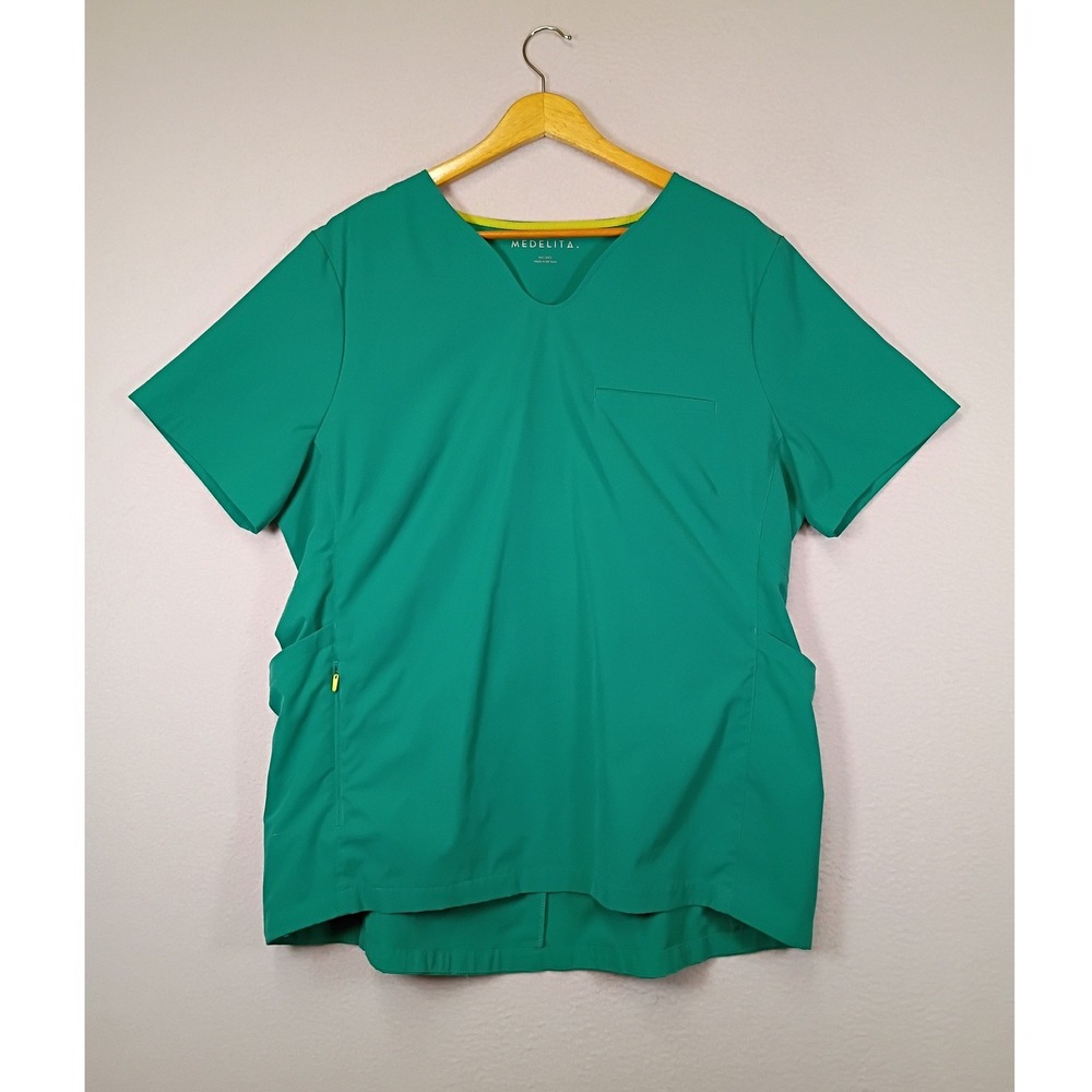 Professional Medelita Womens Large Green V-Neck Performance Scrub Top Pocketed